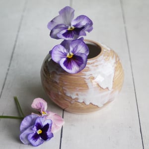 Image of Rustic Dripping White and Ocher Vase, Small Handcrafted Pottery Vase Made in USA