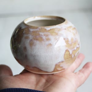 Image of Petite Rustic Dripping White and Ocher Vase, Handcrafted Pottery Vase Made in USA