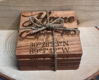 Image 1 of Customized Acacia wood coasters set of 4 - Home City State and Coordinates
