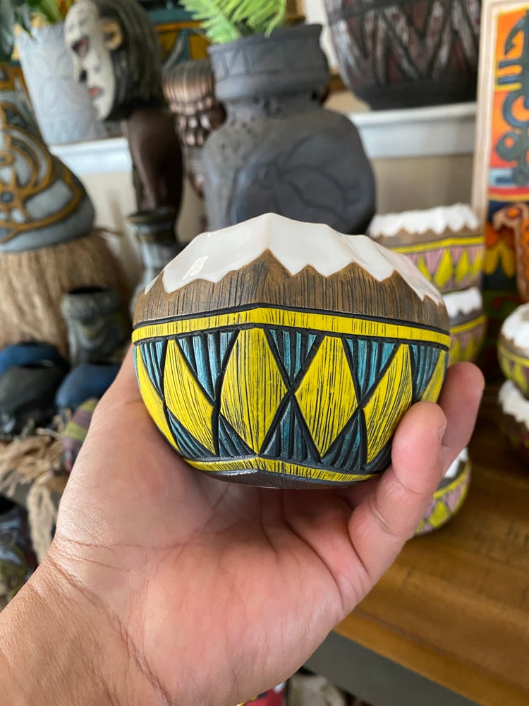 Image of 12oz Turquoise/Yellow Fijian Tapa Inspired Coconut Mug (a) - US Shipping Included 