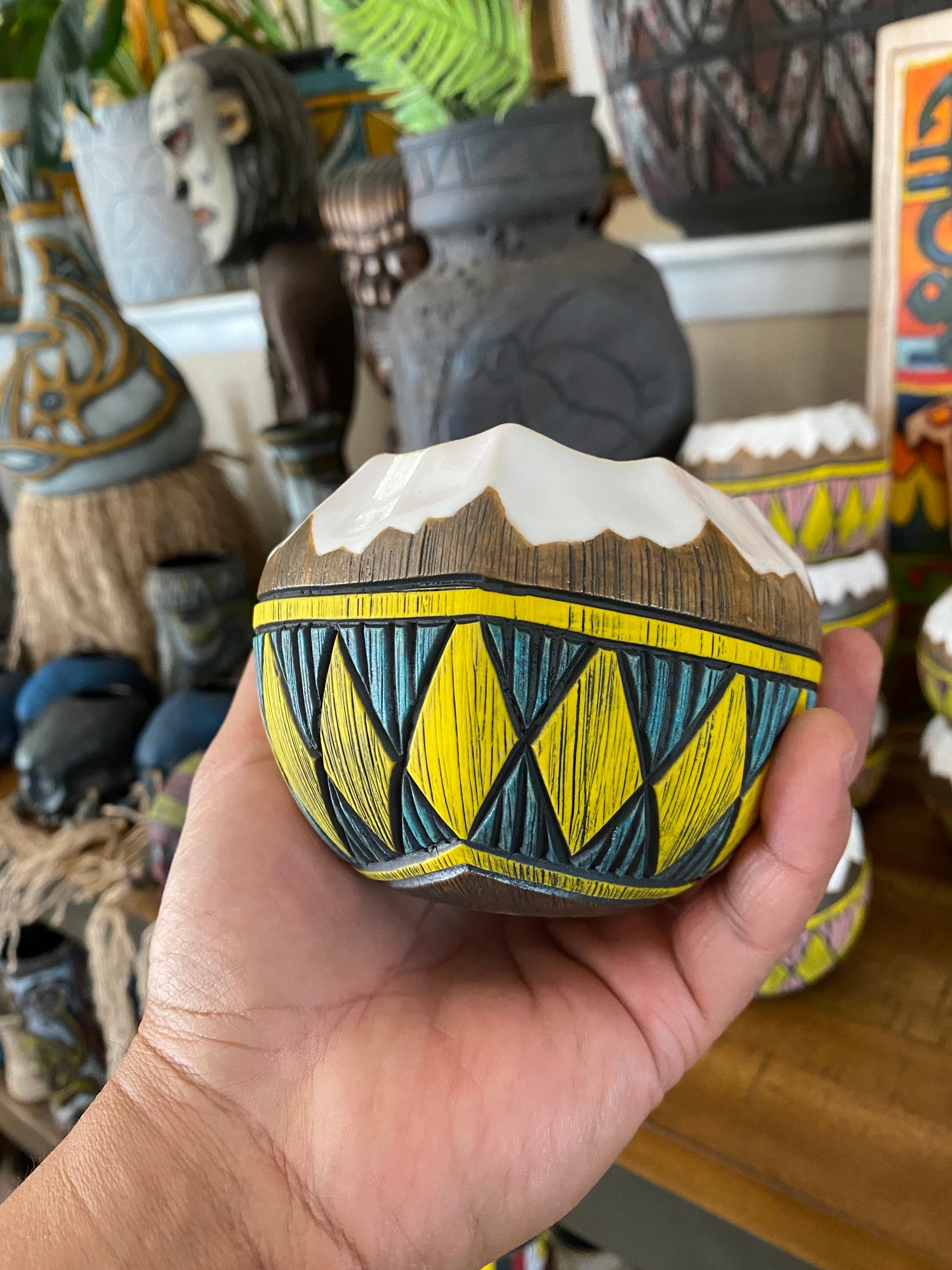 Image of 12oz Turquoise/Yellow Fijian Tapa Inspired Coconut Mug (a) - US Shipping Included