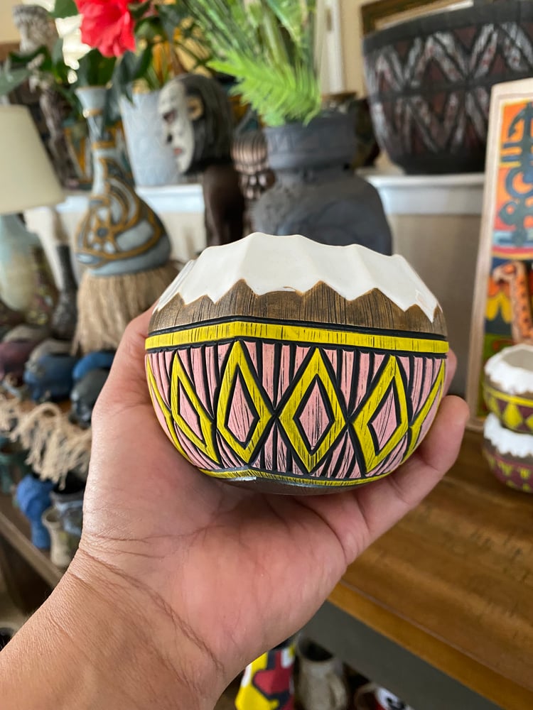 Image of 12oz Pink/Yellow Fijian Tapa Inspired Coconut Mug (a) - US Shipping Included 