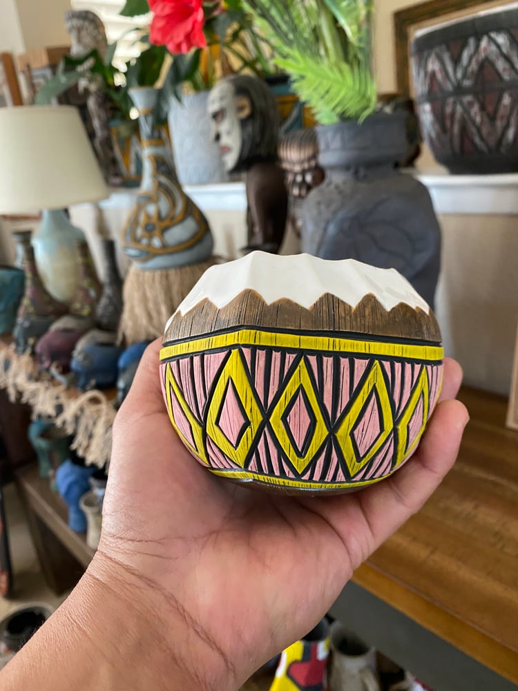 Image of 12oz Pink/Yellow Fijian Tapa Inspired Coconut Mug (a) - US Shipping Included 