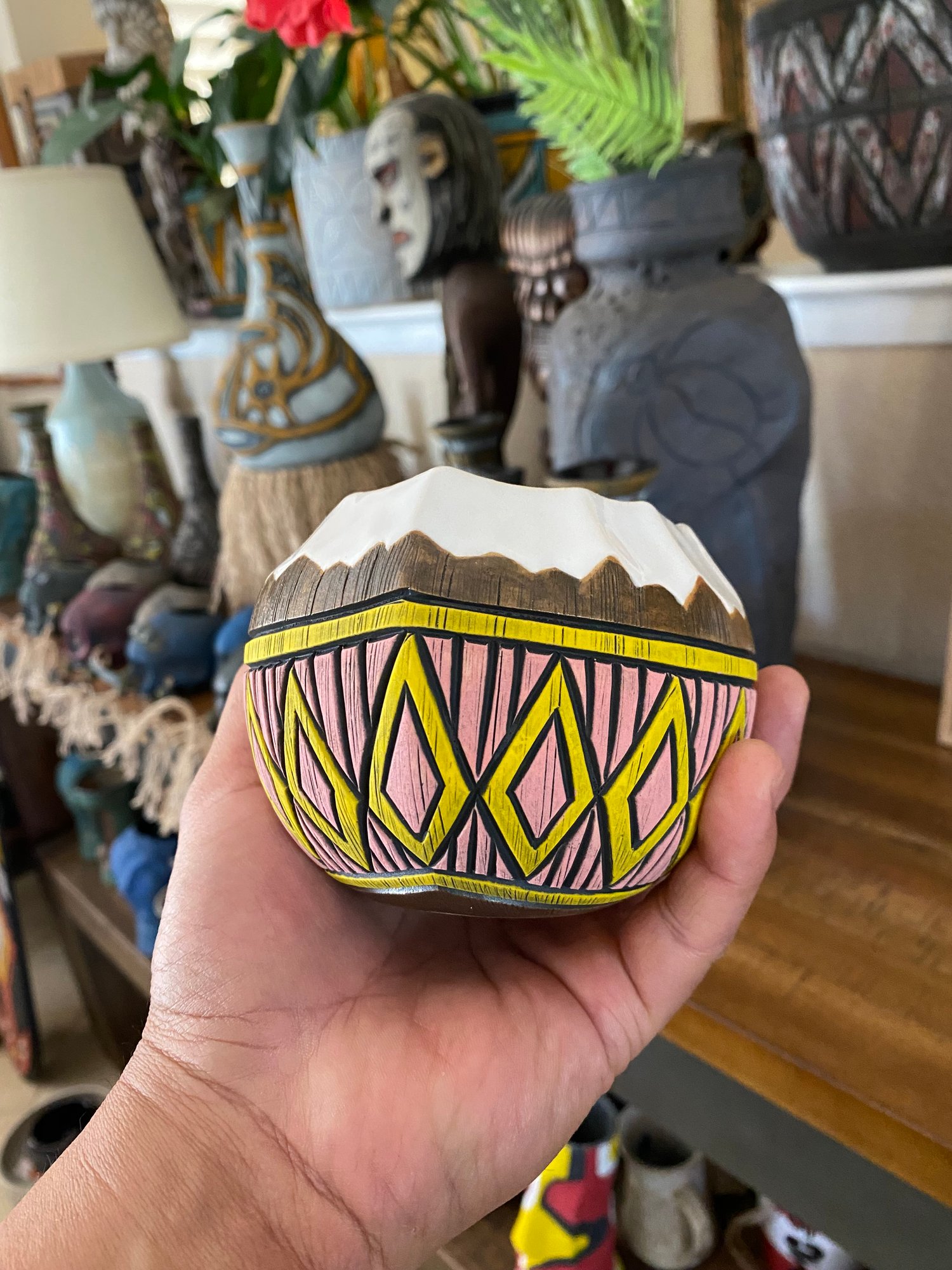 Image of 12oz Pink/Yellow Fijian Tapa Inspired Coconut Mug (a) - US Shipping Included