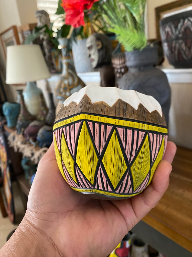 Image of 14oz Pink/Yellow Fijian Tapa Inspired Coconut Mug (b) - US Shipping Included 
