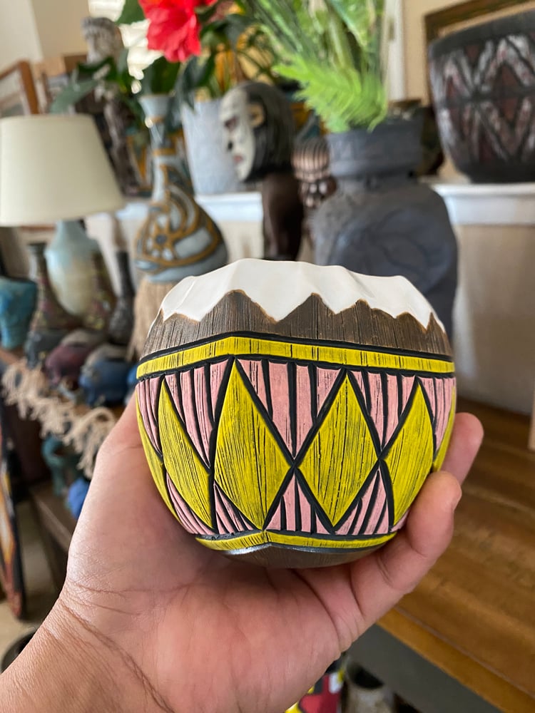 Image of 14oz Pink/Yellow Fijian Tapa Inspired Coconut Mug (b) - US Shipping Included 