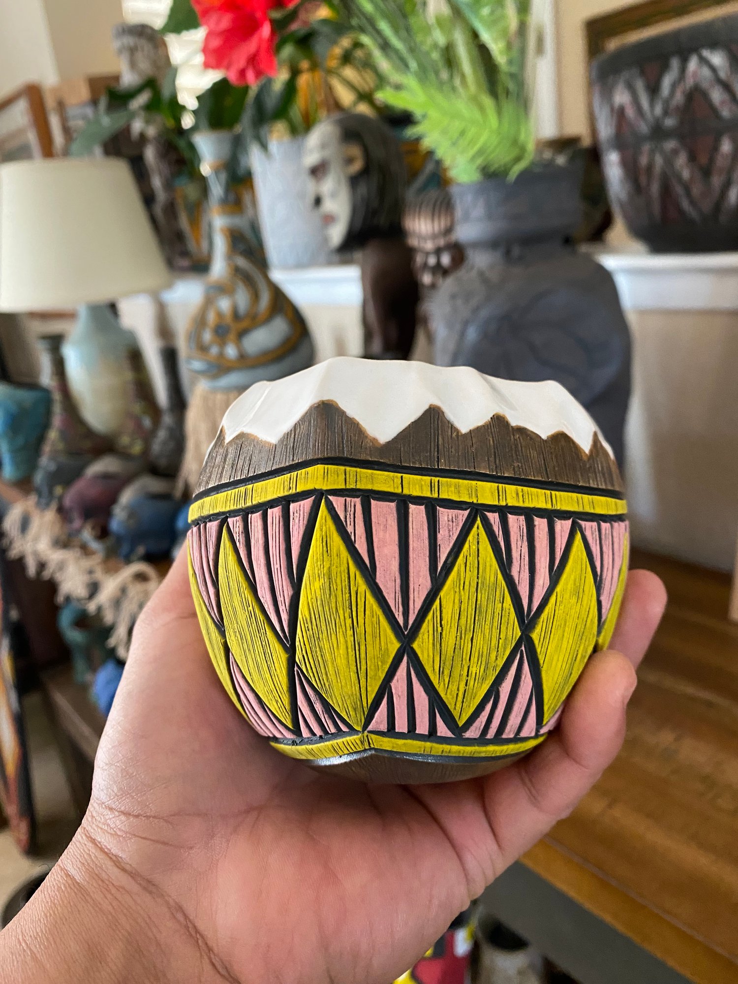 Image of 14oz Pink/Yellow Fijian Tapa Inspired Coconut Mug (b) - US Shipping Included 
