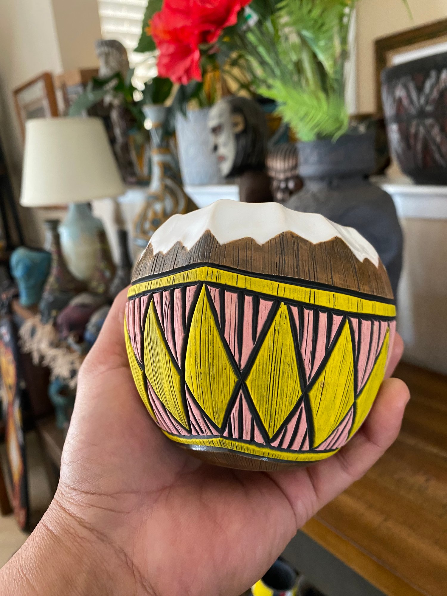 Image of 14oz Pink/Yellow Fijian Tapa Inspired Coconut Mug (b) - US Shipping Included