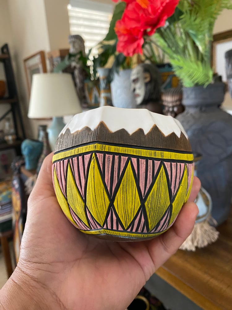 Image of 14oz Pink/Yellow Fijian Tapa Inspired Coconut Mug (c) - US Shipping Included 
