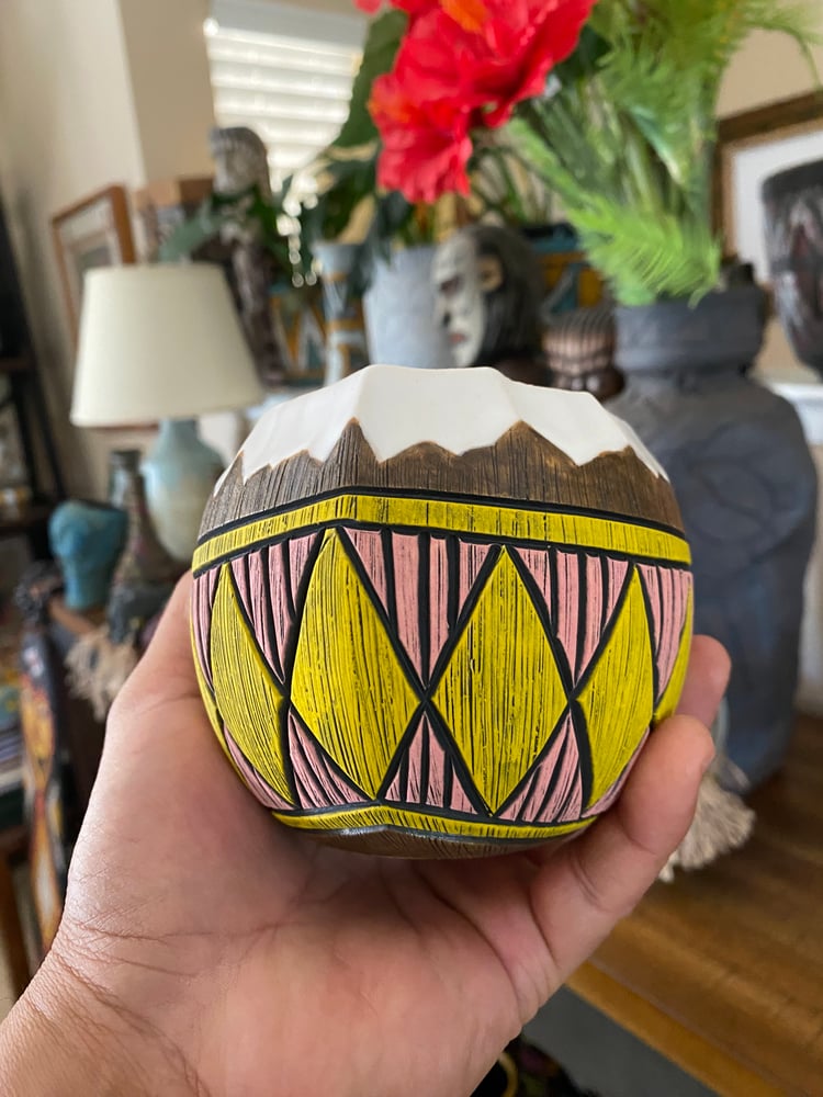 Image of 14oz Pink/Yellow Fijian Tapa Inspired Coconut Mug (c) - US Shipping Included 