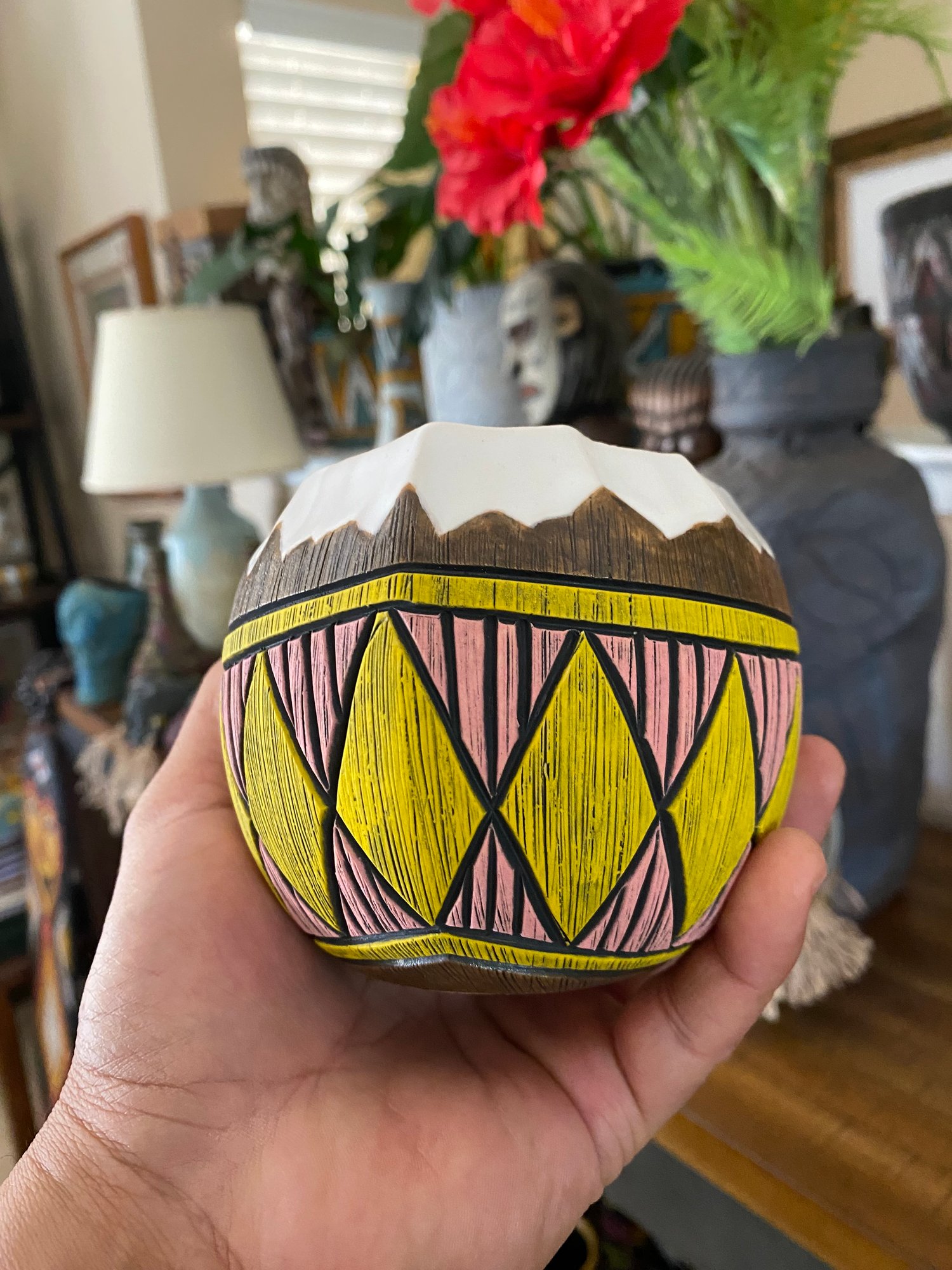 Image of 14oz Pink/Yellow Fijian Tapa Inspired Coconut Mug (c) - US Shipping Included 