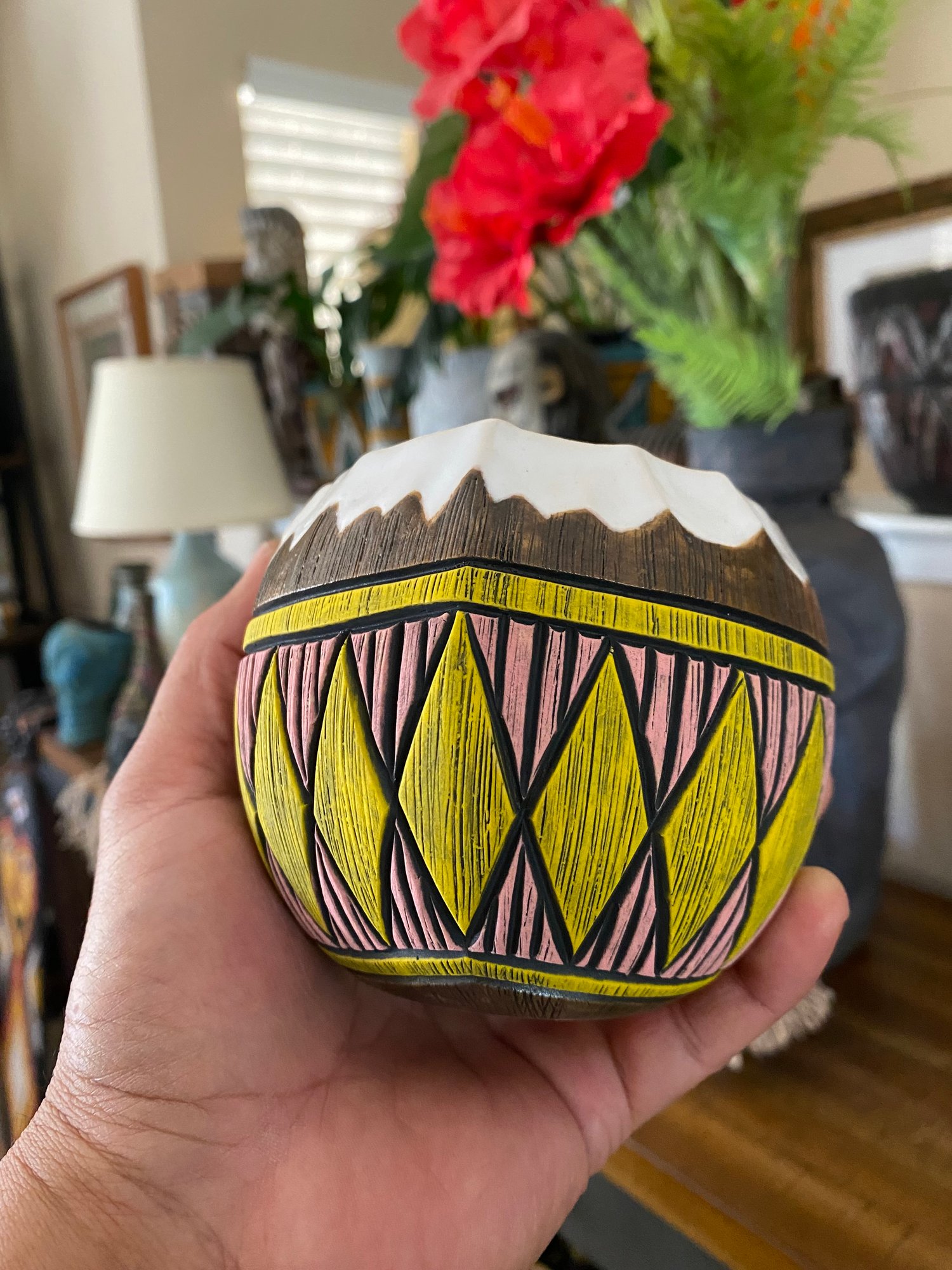 Image of 14oz Pink/Yellow Fijian Tapa Inspired Coconut Mug (c) - US Shipping Included