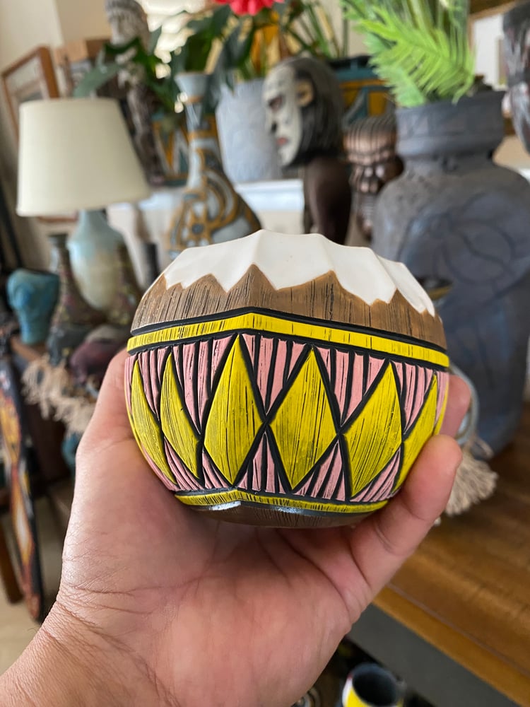 Image of 14oz Pink/Yellow Fijian Tapa Inspired Coconut Mug (d) - US Shipping Included