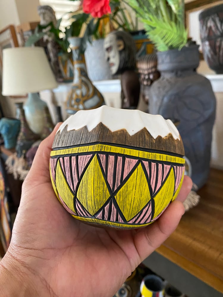 Image of 14oz Pink/Yellow Fijian Tapa Inspired Coconut Mug (d) - US Shipping Included 