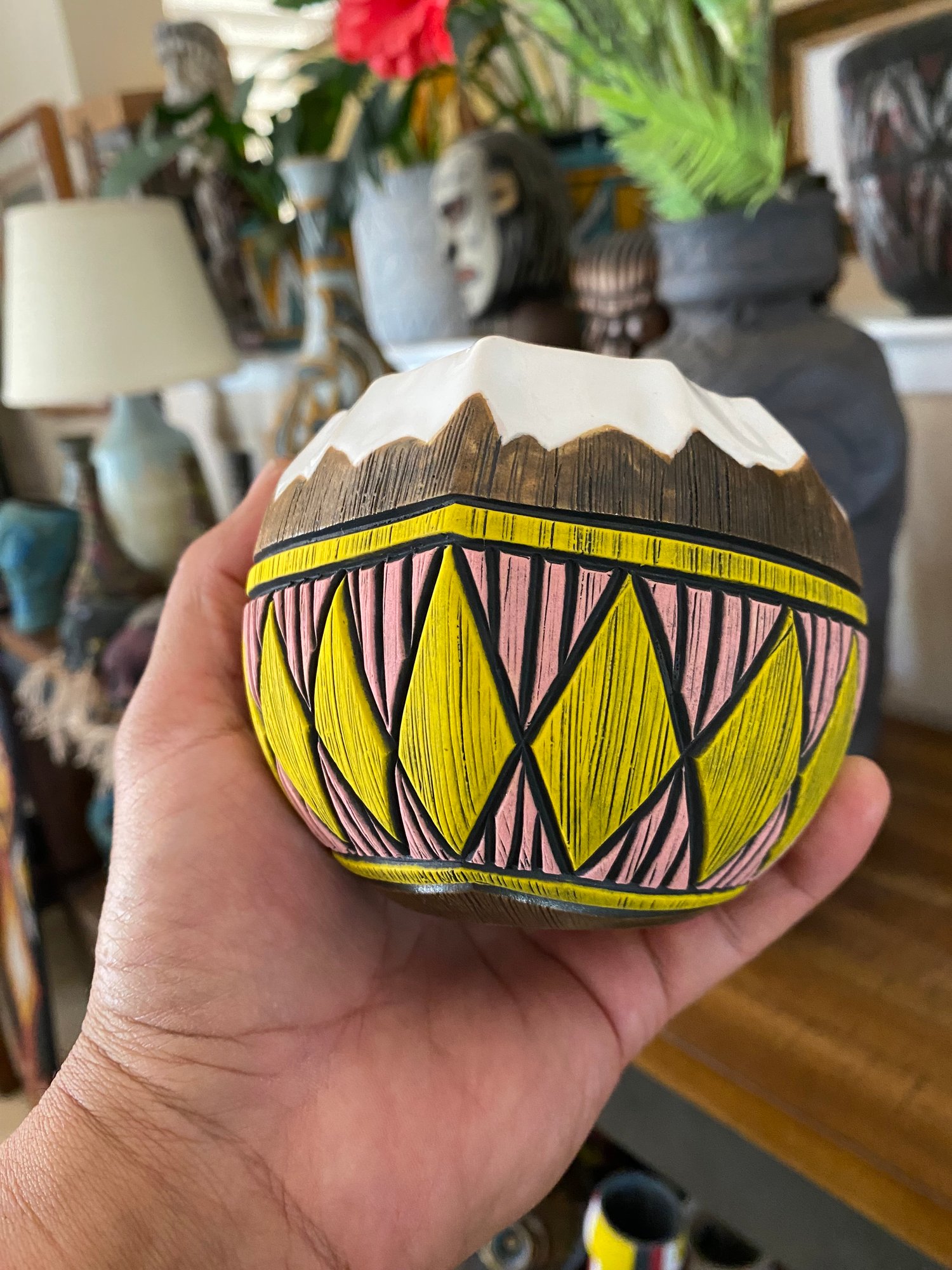 Image of 14oz Pink/Yellow Fijian Tapa Inspired Coconut Mug (d) - US Shipping Included