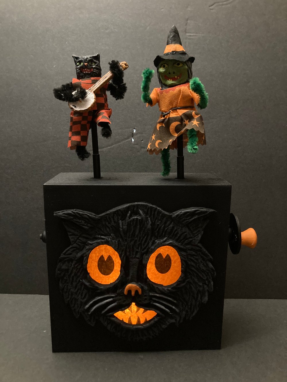 Vintage Inspired Halloween Dancing Witch and Banjo Cat Toy Box Lantern