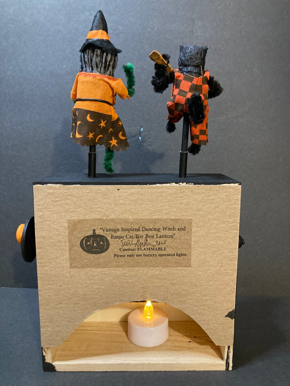 Vintage Inspired Halloween Dancing Witch and Banjo Cat Toy Box Lantern