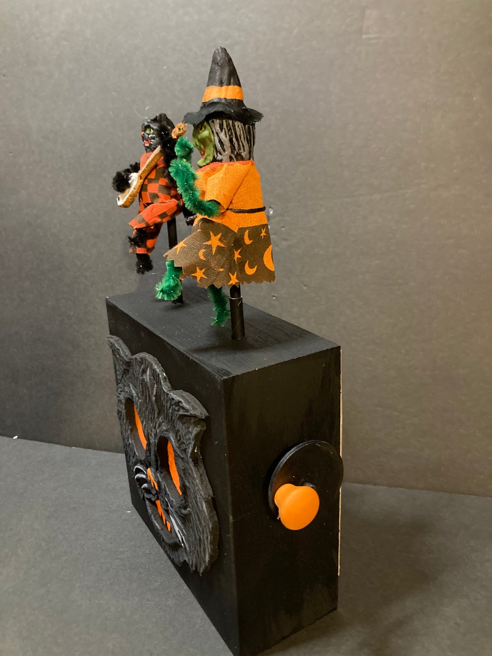 Vintage Inspired Halloween Dancing Witch and Banjo Cat Toy Box Lantern