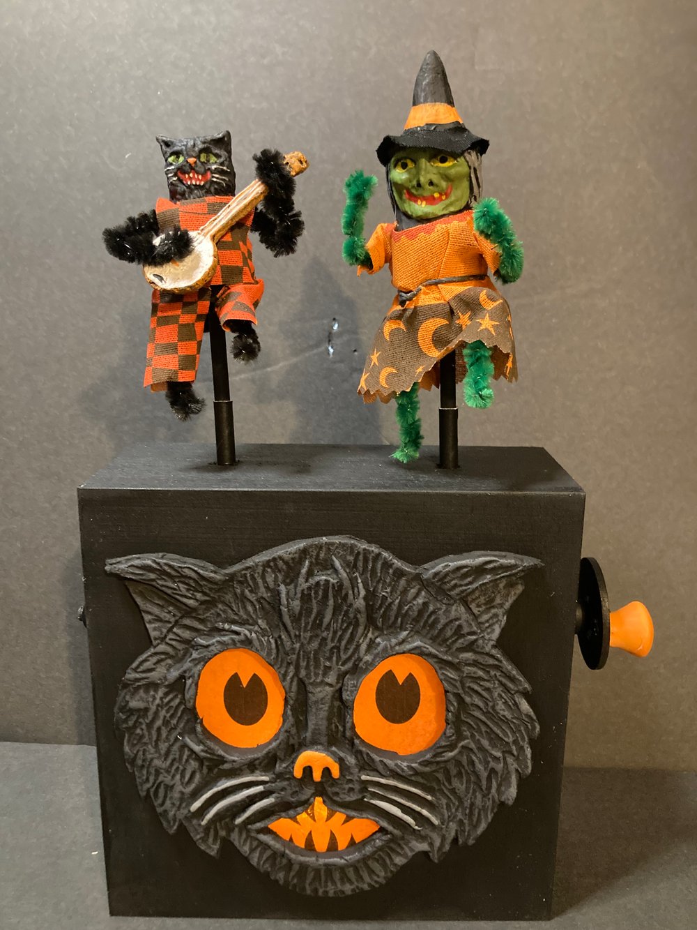 Vintage Inspired Halloween Dancing Witch and Banjo Cat Toy Box Lantern