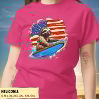 Image 4 of Retro Patriotic Surfing Sloth T-Shirt for Men and Women
