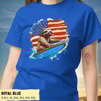 Image 6 of Retro Patriotic Surfing Sloth T-Shirt for Men and Women