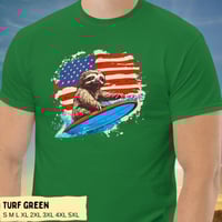 Image 7 of Retro Patriotic Surfing Sloth T-Shirt for Men and Women