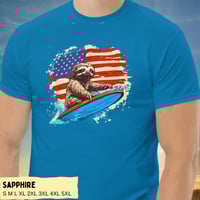 Image 8 of Retro Patriotic Surfing Sloth T-Shirt for Men and Women