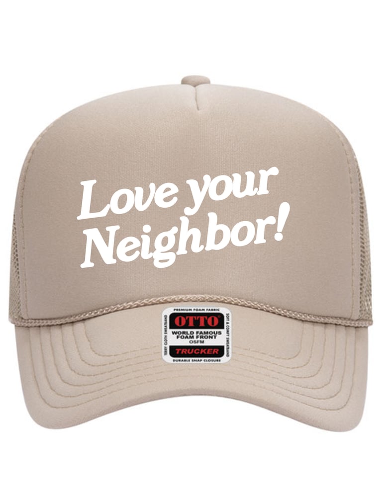 Image of khaki puff print trucker hat