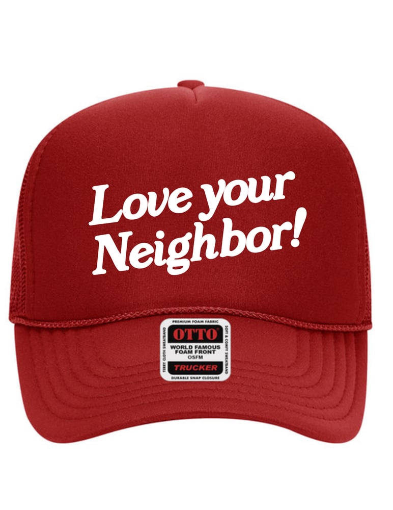 Image of red puff print trucker hat