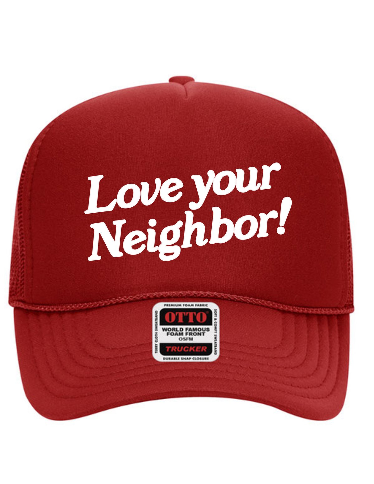 Image of red puff print trucker hat