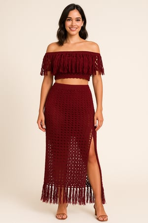 Image of Burgundy Crochet Two-Piece Tassel Set