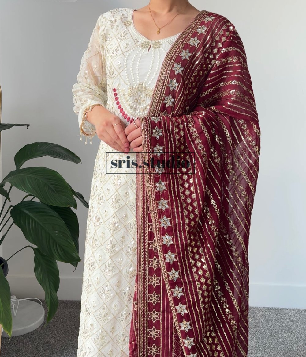 Image of Maroon and Cream three piece kurtha set