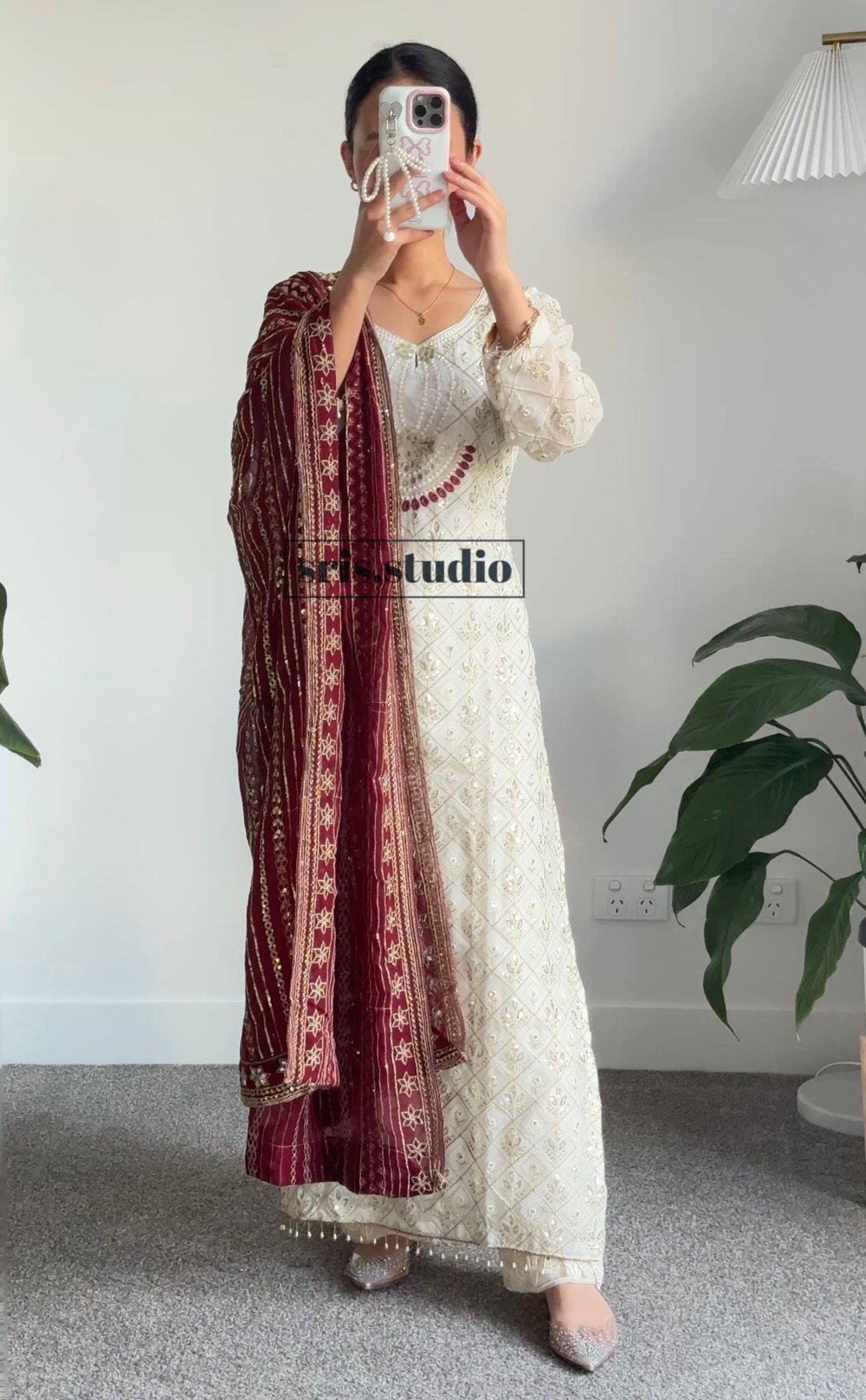 Image of Maroon and Cream three piece kurtha set