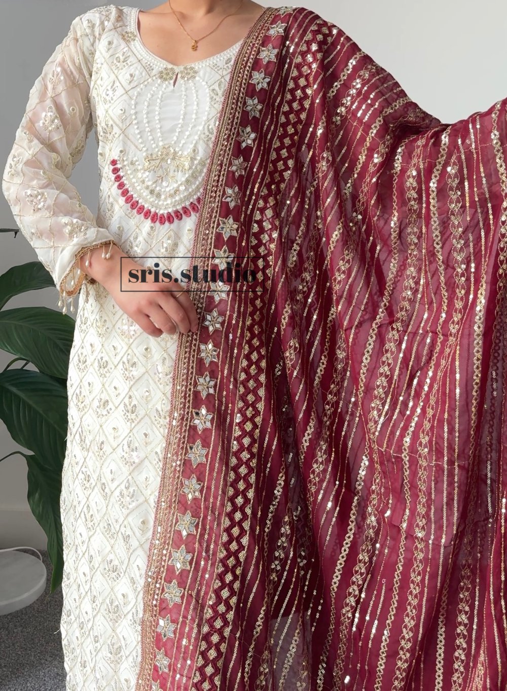 Image of Maroon and Cream three piece kurtha set