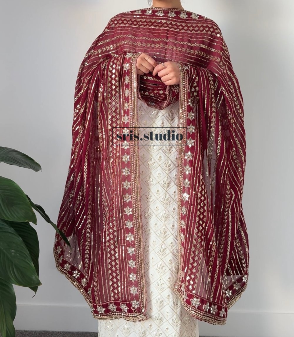 Image of Maroon and Cream three piece kurtha set