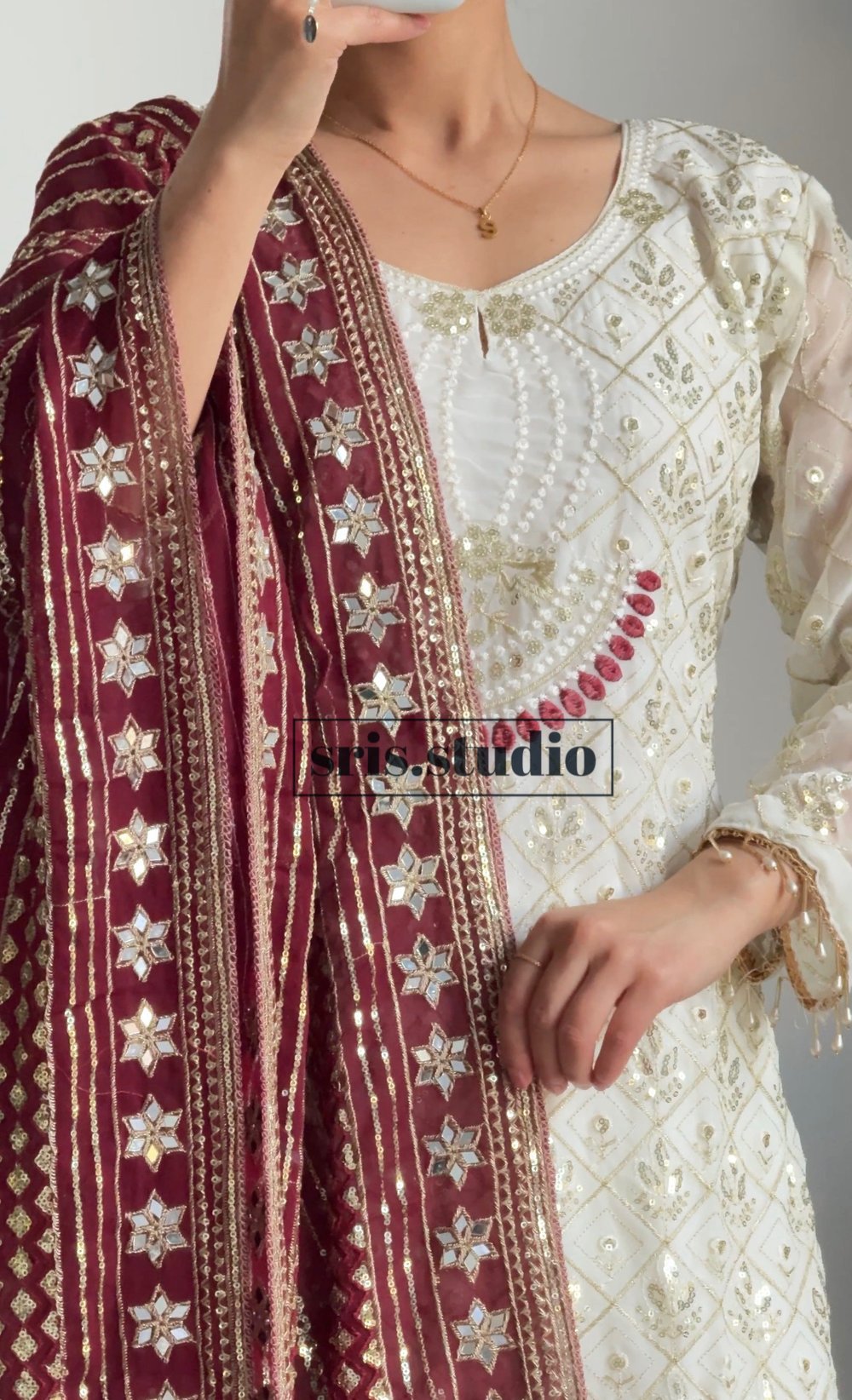 Image of Maroon and Cream three piece kurtha set