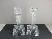 Image 3 of Pair of Vintage Art Deco Glass Candlestick Holders, Clear, Sunray Pattern, H 14cm 