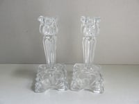 Image 6 of Pair of Vintage Art Deco Glass Candlestick Holders, Clear, Sunray Pattern, H 14cm 