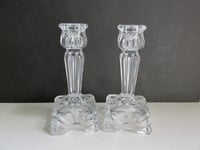 Image 2 of Pair of Vintage Art Deco Glass Candlestick Holders, Clear, Sunray Pattern, H 14cm 