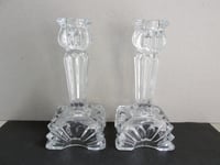 Image 1 of Pair of Vintage Art Deco Glass Candlestick Holders, Clear, Sunray Pattern, H 14cm 