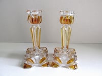 Image 1 of Pair of Vintage Art Deco Glass Candlestick Holders, Clear and Amber Colour, Sunray pattern, H 14cm 