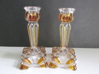 Image 3 of Pair of Vintage Art Deco Glass Candlestick Holders, Clear and Amber Colour, Sunray pattern, H 14cm 