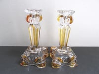 Image 5 of Pair of Vintage Art Deco Glass Candlestick Holders, Clear and Amber Colour, Sunray pattern, H 14cm 