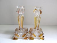 Image 2 of Pair of Vintage Art Deco Glass Candlestick Holders, Clear and Amber Colour, Sunray pattern, H 14cm 