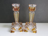 Image 4 of Pair of Vintage Art Deco Glass Candlestick Holders, Clear and Amber Colour, Sunray pattern, H 14cm 