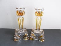 Image 7 of Pair of Vintage Art Deco Glass Candlestick Holders, Clear and Amber Colour, Sunray pattern, H 14cm 