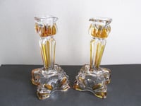 Image 9 of Pair of Vintage Art Deco Glass Candlestick Holders, Clear and Amber Colour, Sunray pattern, H 14cm 