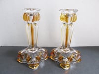 Image 6 of Pair of Vintage Art Deco Glass Candlestick Holders, Clear and Amber Colour, Sunray pattern, H 14cm 