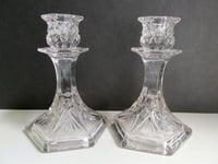Image 1 of Pair of Vintage Glass Candlestick Holders, Clear, Fan Petals Crosses Pattern, Six-Sided, H 14.8cm