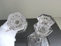 Image 7 of Pair of Vintage Glass Candlestick Holders, Clear, Fan Petals Crosses Pattern, Six-Sided, H 14.8cm